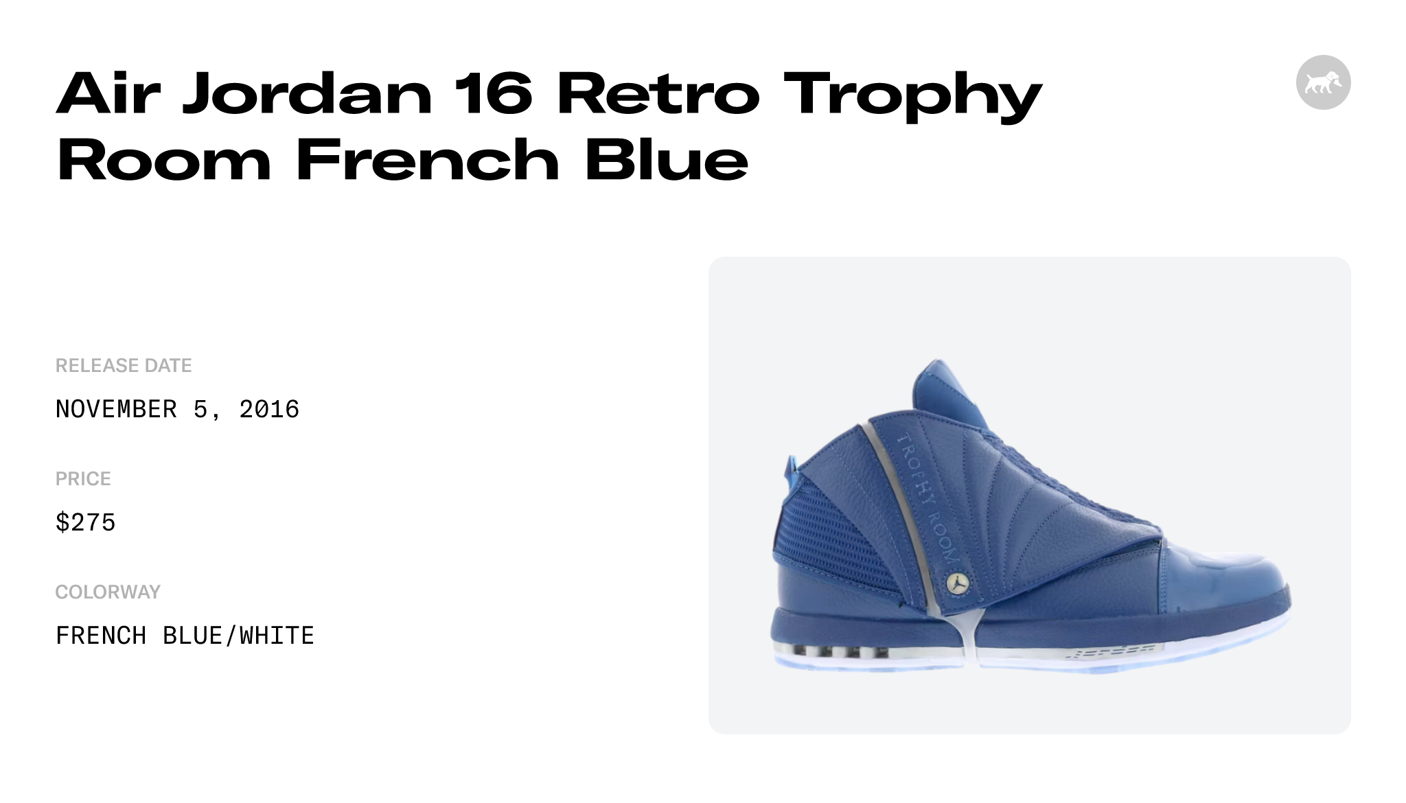 Air Jordan 16 Retro Trophy Room French Blue - 854255-416 Raffles