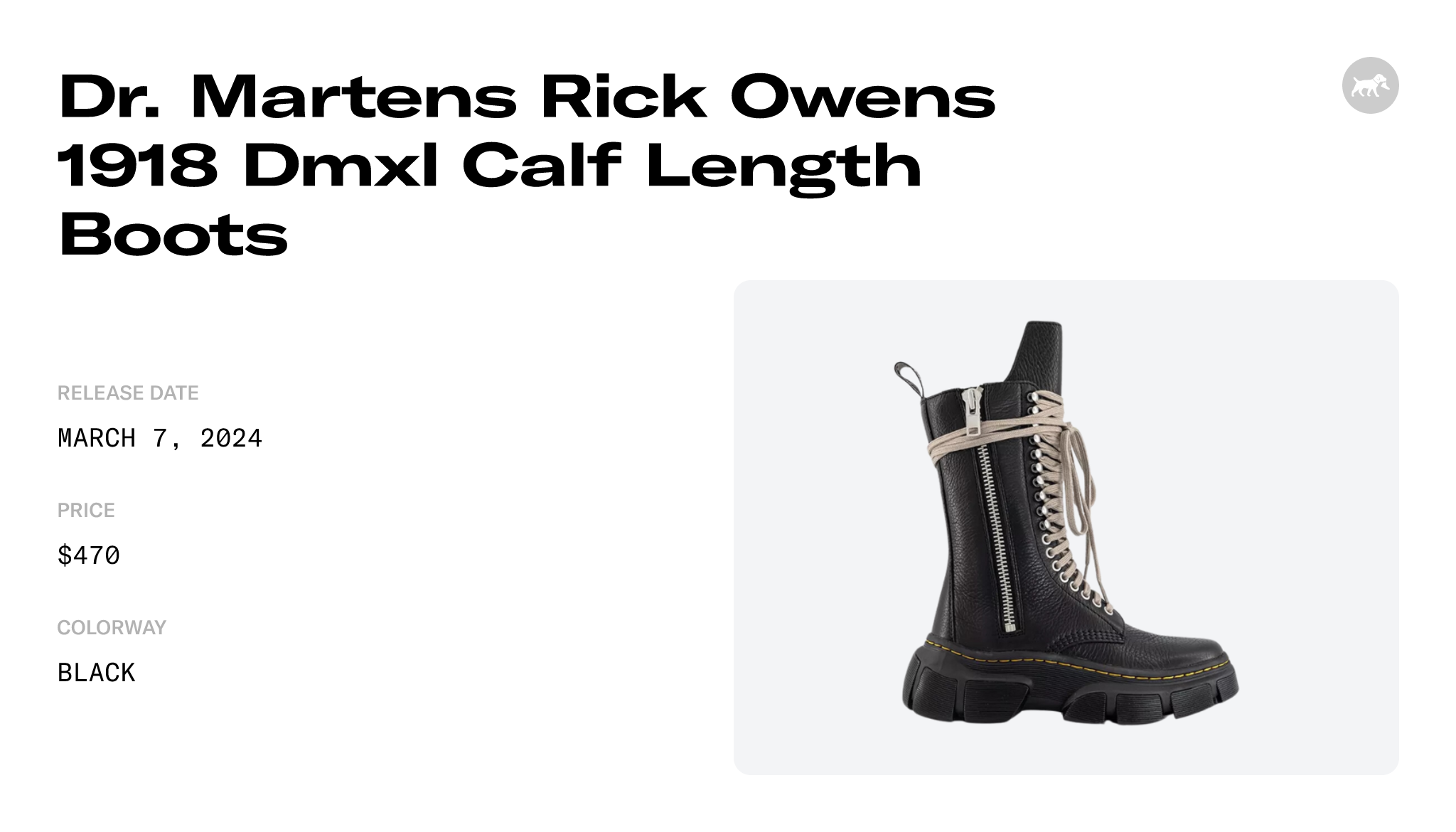 Dr. Martens 1918 Quad Leather Sole Calf Length Boot Rick Owens Black Men's  - DM02B3801 9001 09 - US